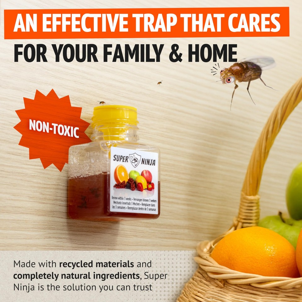 Super Ninja Fruit Fly Trap - 12 pack, Highly Effective Fruit Fly Killer for Home & Kitchen, Up to 3 Weeks of Performance per Bottle, Child & Pet Friendly