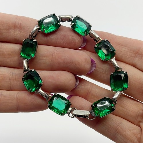 Art Deco Sterling Silver Green Paste Riviere Bracelet Vintage 1920s 1930s 7.5"