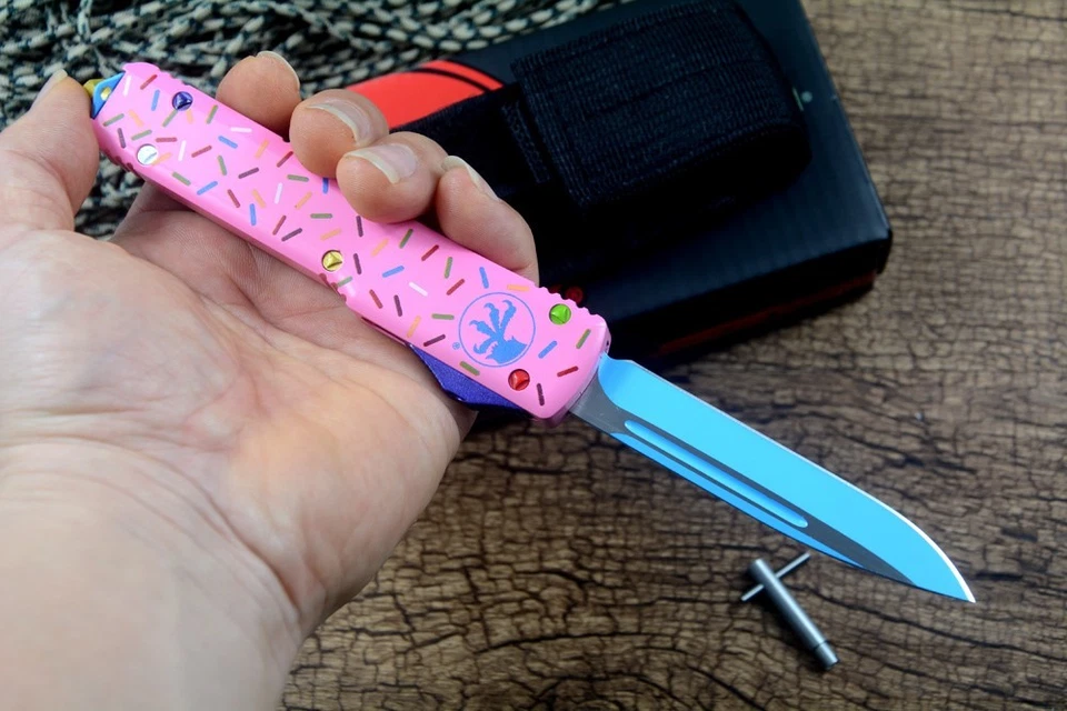Cuchillo UT Donut 440 hoja satinada mango de aluminio rosa para camping al aire libre Foto 4 de 4