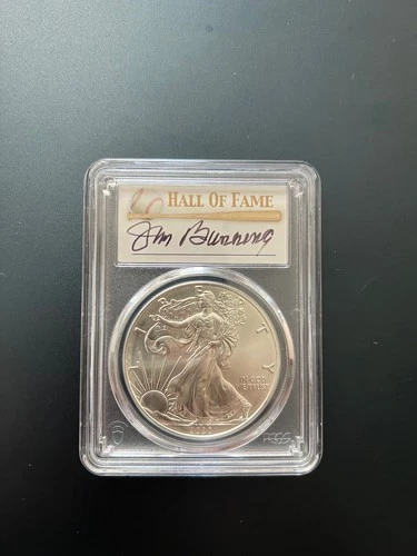 2020 (S) American Silver Eagle MS70 FDOI HOF Jim Bunning Signed Pop 19