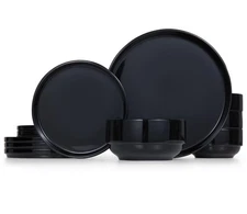 Ceramic Dinnerware Set 12-Piece Service for 4 Soup & Salad Plates Black Micro...