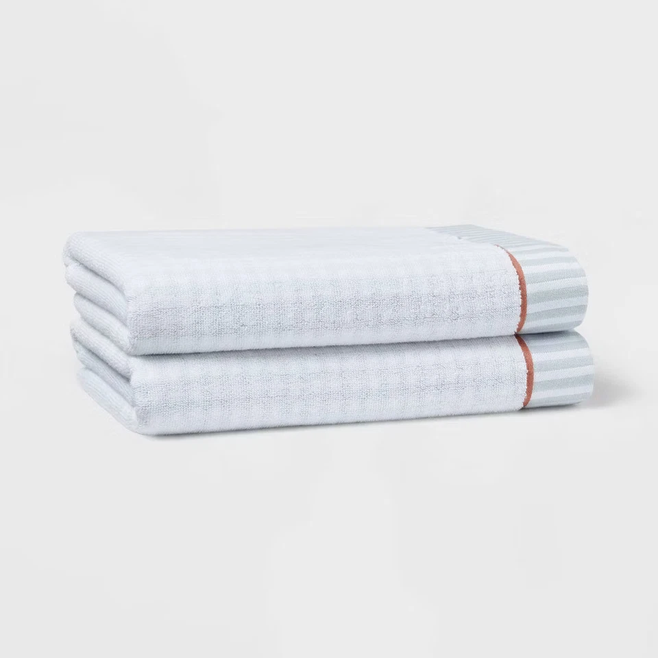 2pc Traditional Gingham Plaid Bath Towel Blue- Threshold