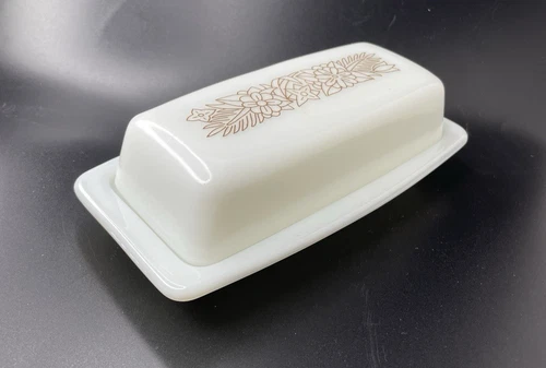 Vintage PYREX Woodland Butter Dish & Lid 72 B Milk Glass Brown White