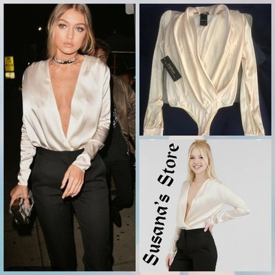 NWT BEBE SIZE XS LUXURIOUS SILK LONG SLEEVE WRAP PLEATING BODYSUIT MSRP $89