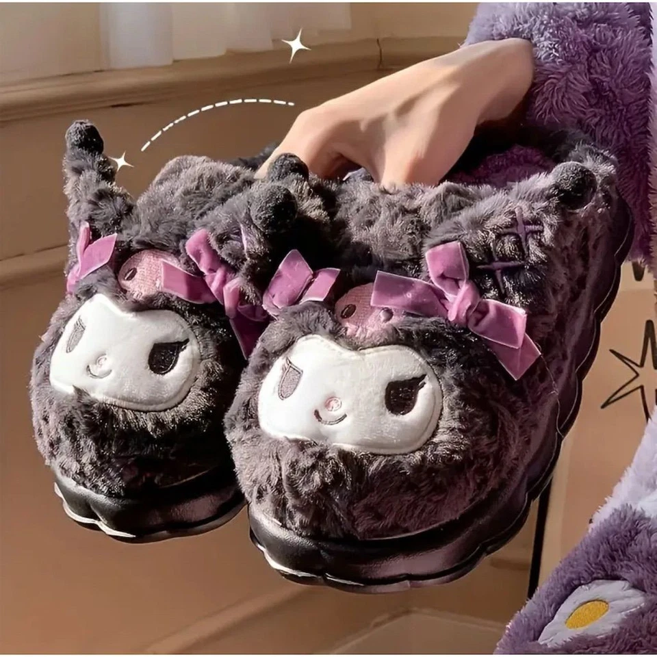 Y2k Sanrio Kuromi Women's Plush Slippers 8 Black Cozy Anime Pajamas Soft Trendy - Image 4 of 4
