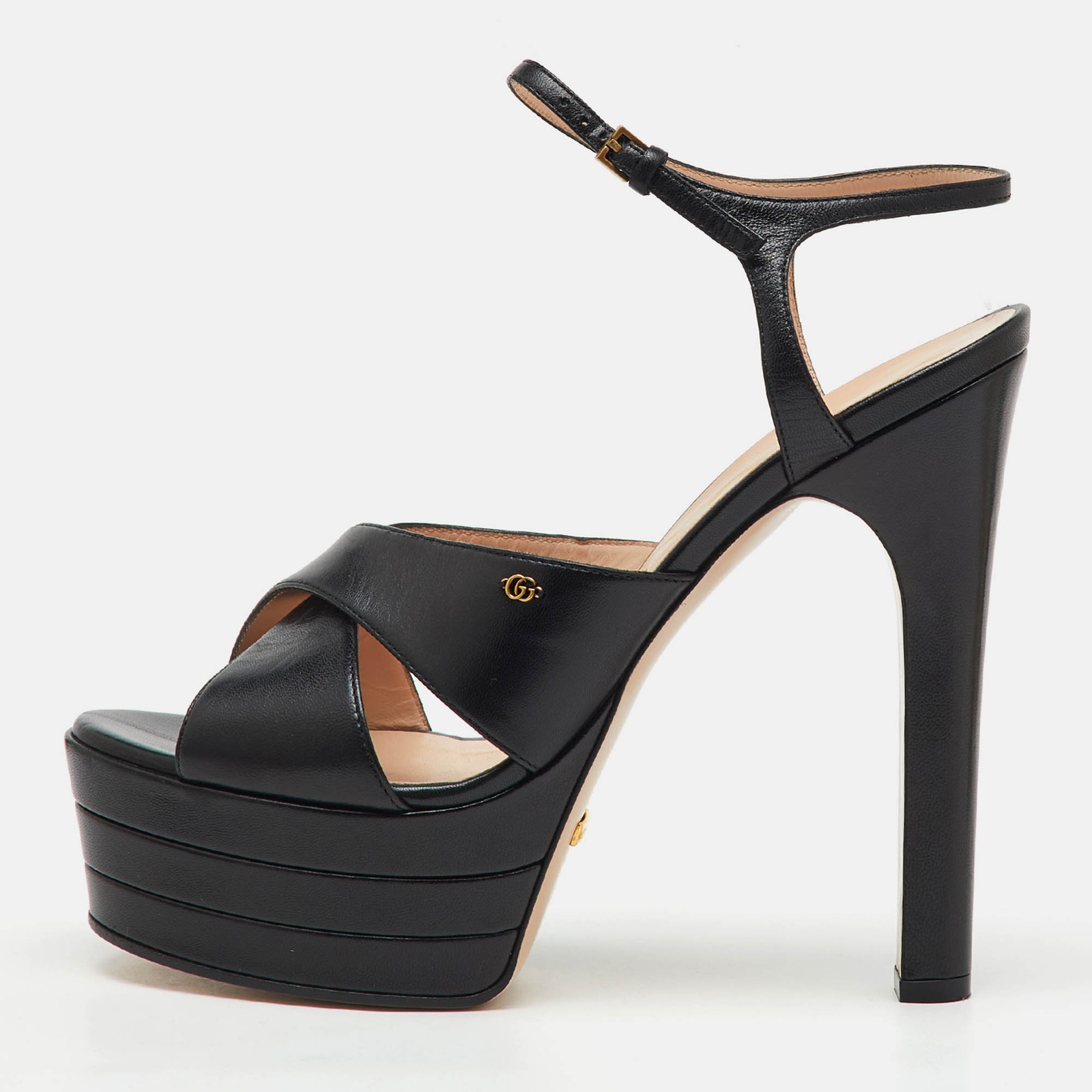Gucci GG Angel Black Leather Platform Sandals Size 39.5 Ankle Strap