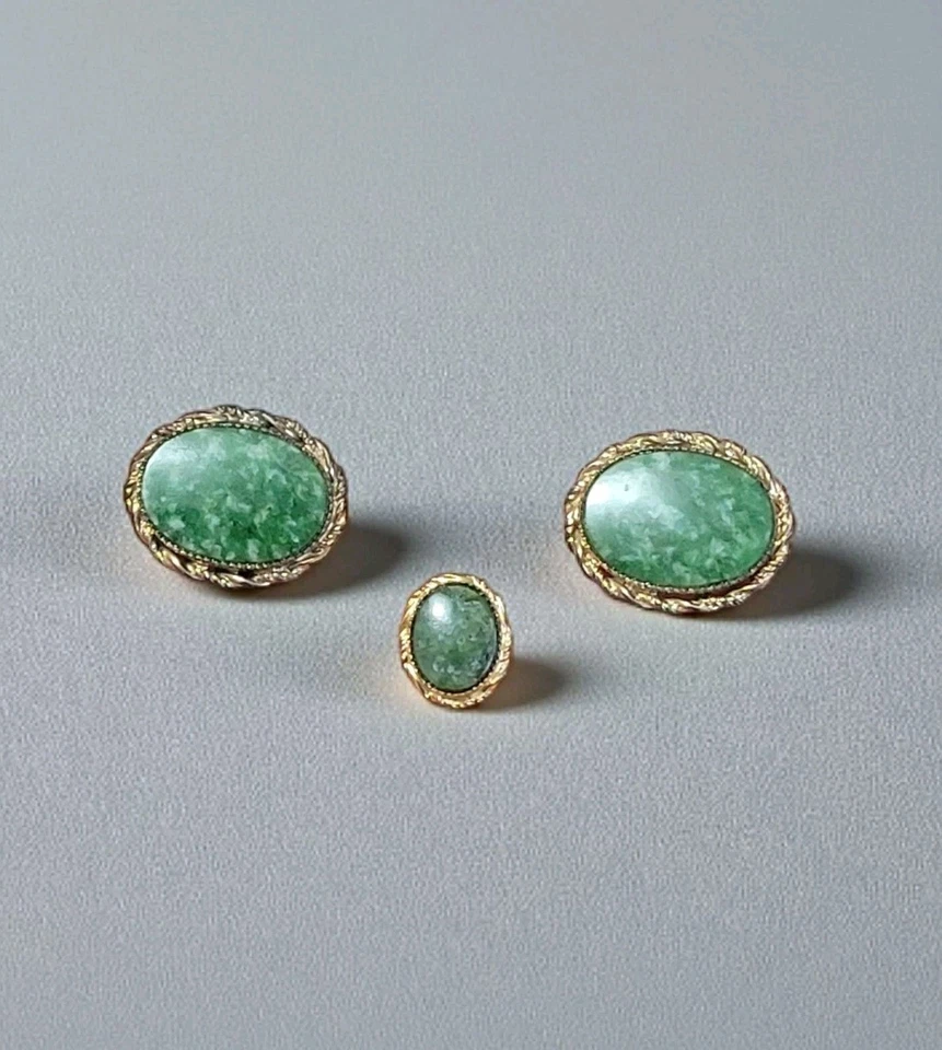 Винтажные мужские запонки и галстук из чистого серебра с золотым и нефритовым нефритом - Изображение 2 из 4