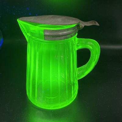 #ad Uranium Green Antique Syrup Dispenser Pitcher Depression Vaseline Glass Tin Lid $60.00