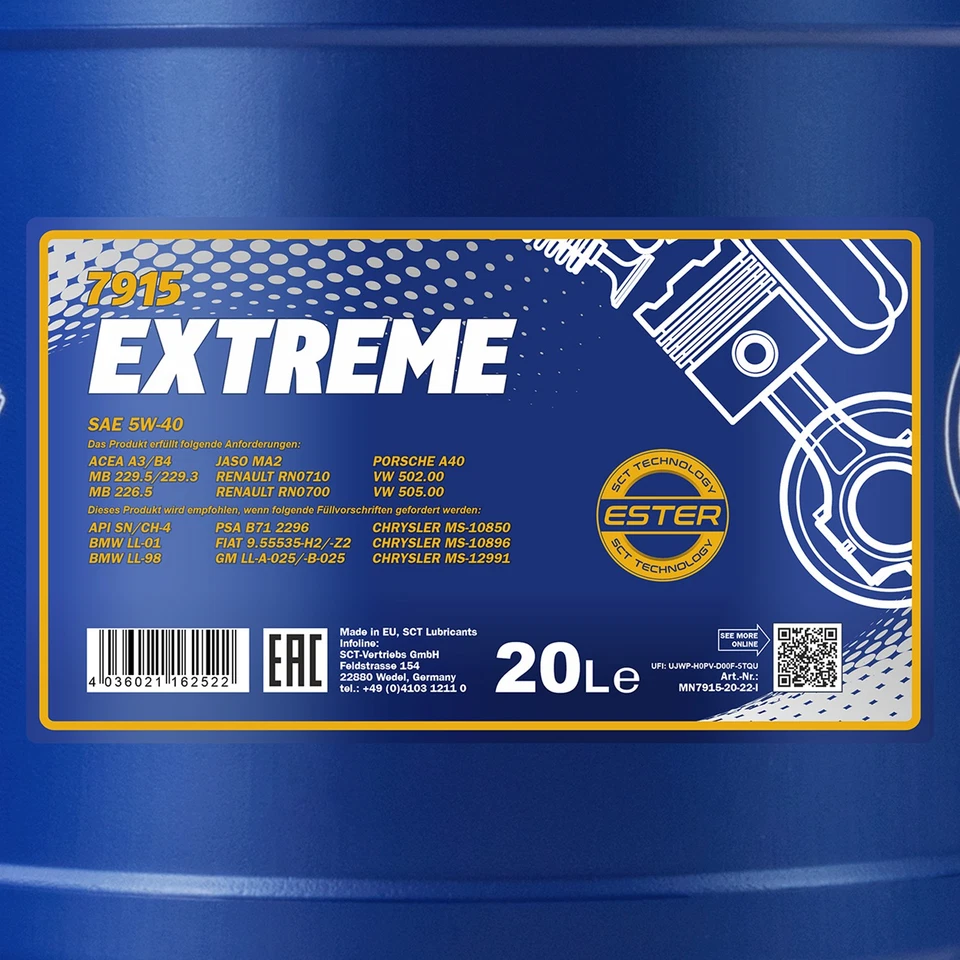 MANNOL Extreme SAE 5W40 Motoröl VW 50200,50500,MB 229.5,BMW LL-01,3x20 - Photo 3/4