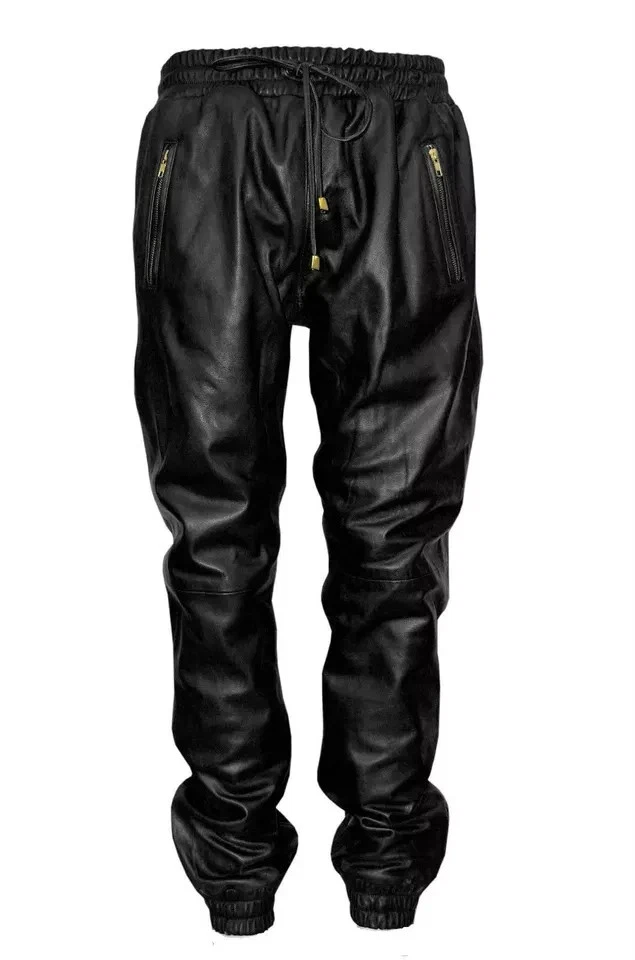 New Men's Black Leather Handmade Joggers Pant Genuine Lambskin Stylish