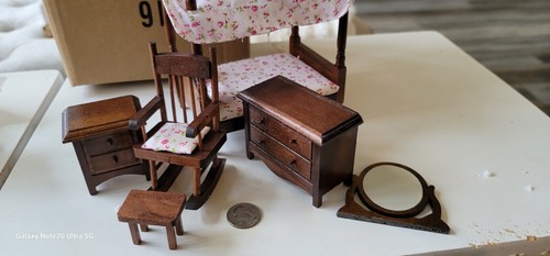 Bedroom Furniture Mini Canopy Bed Rocking Chair Dresser Mirror dollhouse Girls