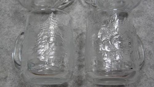 Luminarc Coffee Cup Set 0f 4 Embossed Sleigh Ride Winter Scene Clear Glass USA - Picture 2 of 15