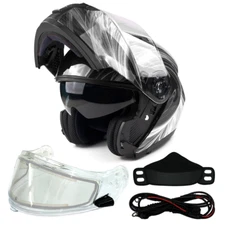 Black White Adult Modular Flip Up Snowmobile Helmet w/ Dual Lens Heated Shield
