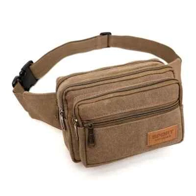 Sac Banane Homme Femme Poches Multiples 4 Fermetures Toile Marron Compact solide - Photo 1/4