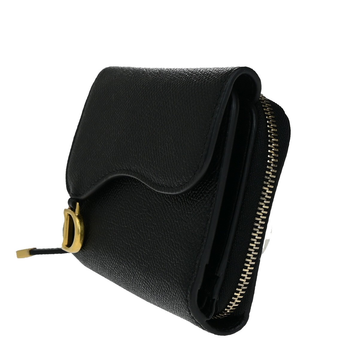 CHRISTIAN DIOR Logo Saddle Trifold Wallet Purse Leather Black GHW