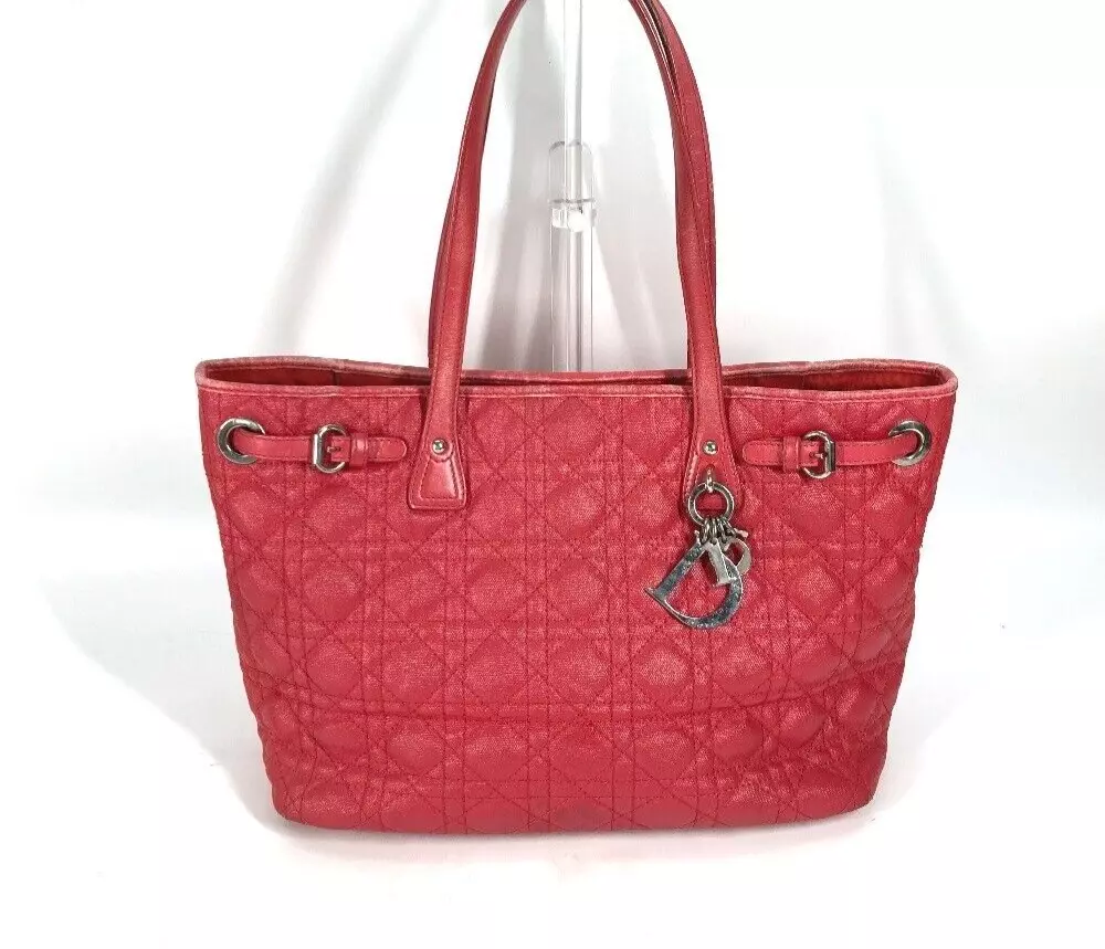 Sac fourre tout Christian Dior point canage toile enduite cuir rouge argent quincaillerie