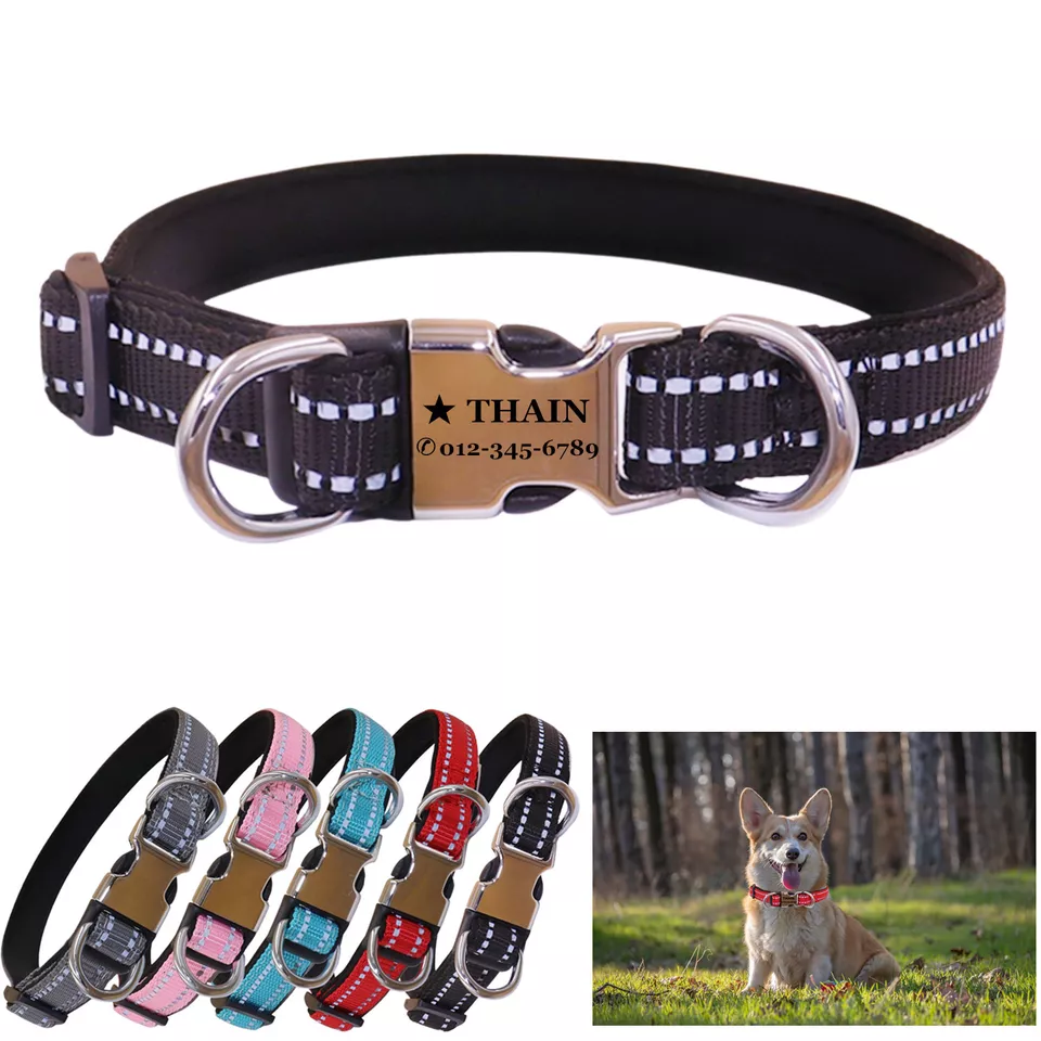 THAIN Reflective Personalised Nylon dog collar engraved Buckle Name Number ID Tag