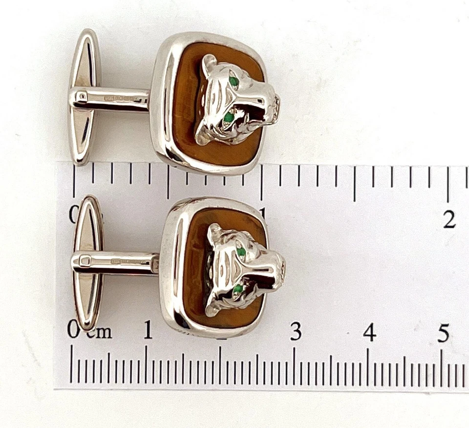 Tiger Torpedo Cufflinks 925 Sterling Silver With Tigers Eye & With Emerald Eyes - Image 4 of 4