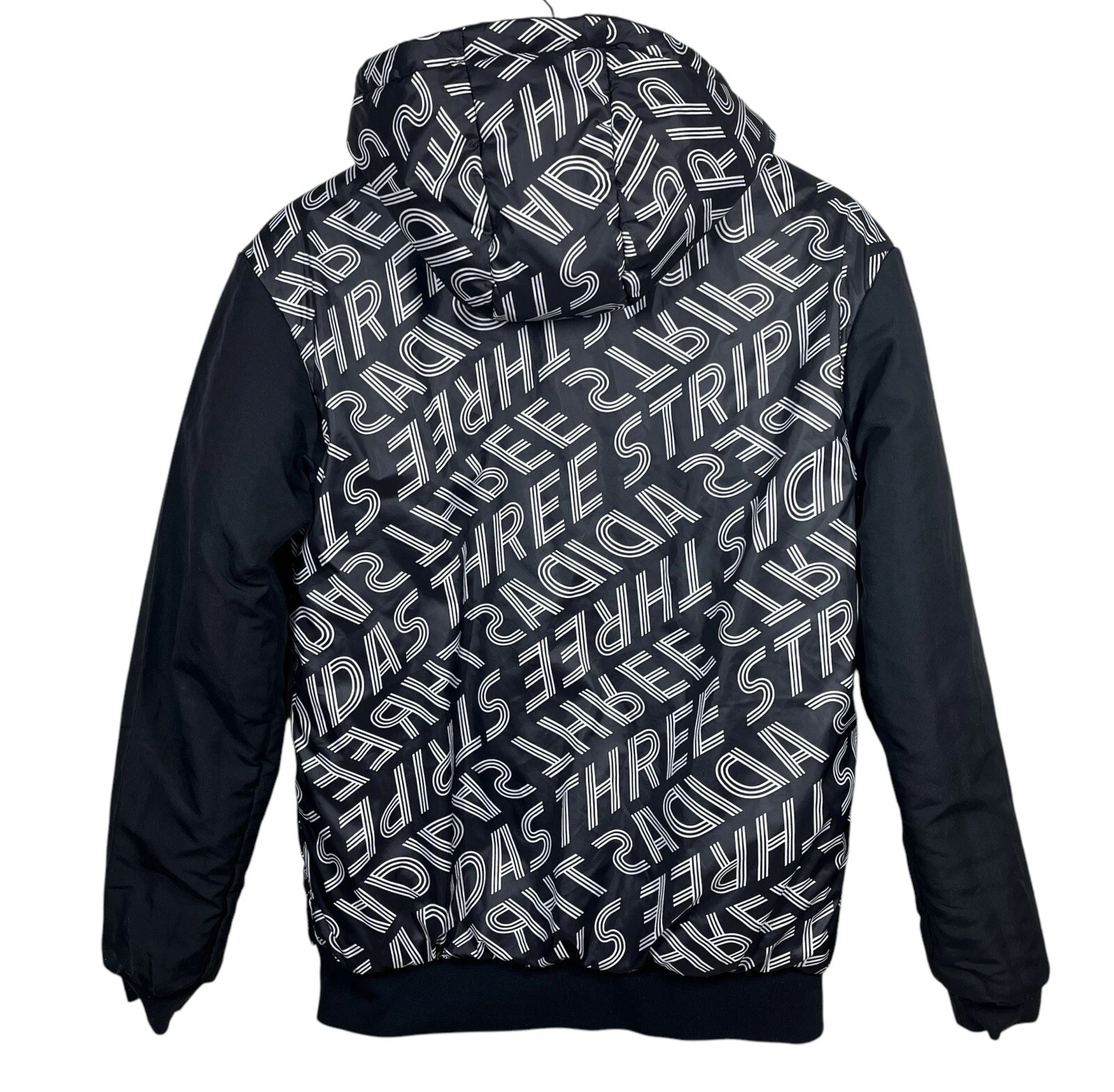 Adidas Neo Reversible Puffer Hoodie Jacket Medium Black Logo Graphic Print - product detail image 6