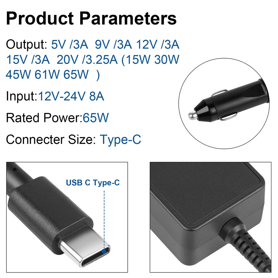 USB-C CAR Charger for Dell Latitude 5510 7200 7520 9520 9330 Laptop DC Adapter - Image 2 of 4