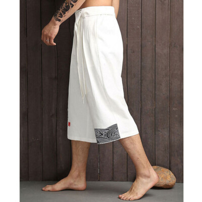 Mens Japanese Traditional Kimono Shorts Hakama Pants Loose Yukata