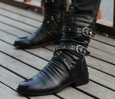 Mens Punk Pleated Rivets Buckles Pointy Toe biker Ankle Boots Shoes