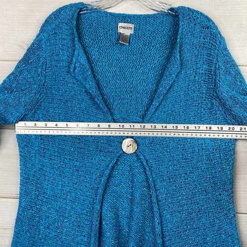Chico's 3 Size XL Sweater Cardigan Blue Open Knit Lagenlook One Button Topper - Picture 7 of 10