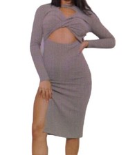 NWT Prettylittlething Khaki Rib Cross Front Side Split Dress Size:  14