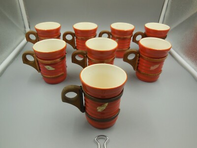 NICE SET OF 8 ANTIQUE RED WING ORANGE GYPSY TRAIL WOOD HANDLED COFFEE MUGS