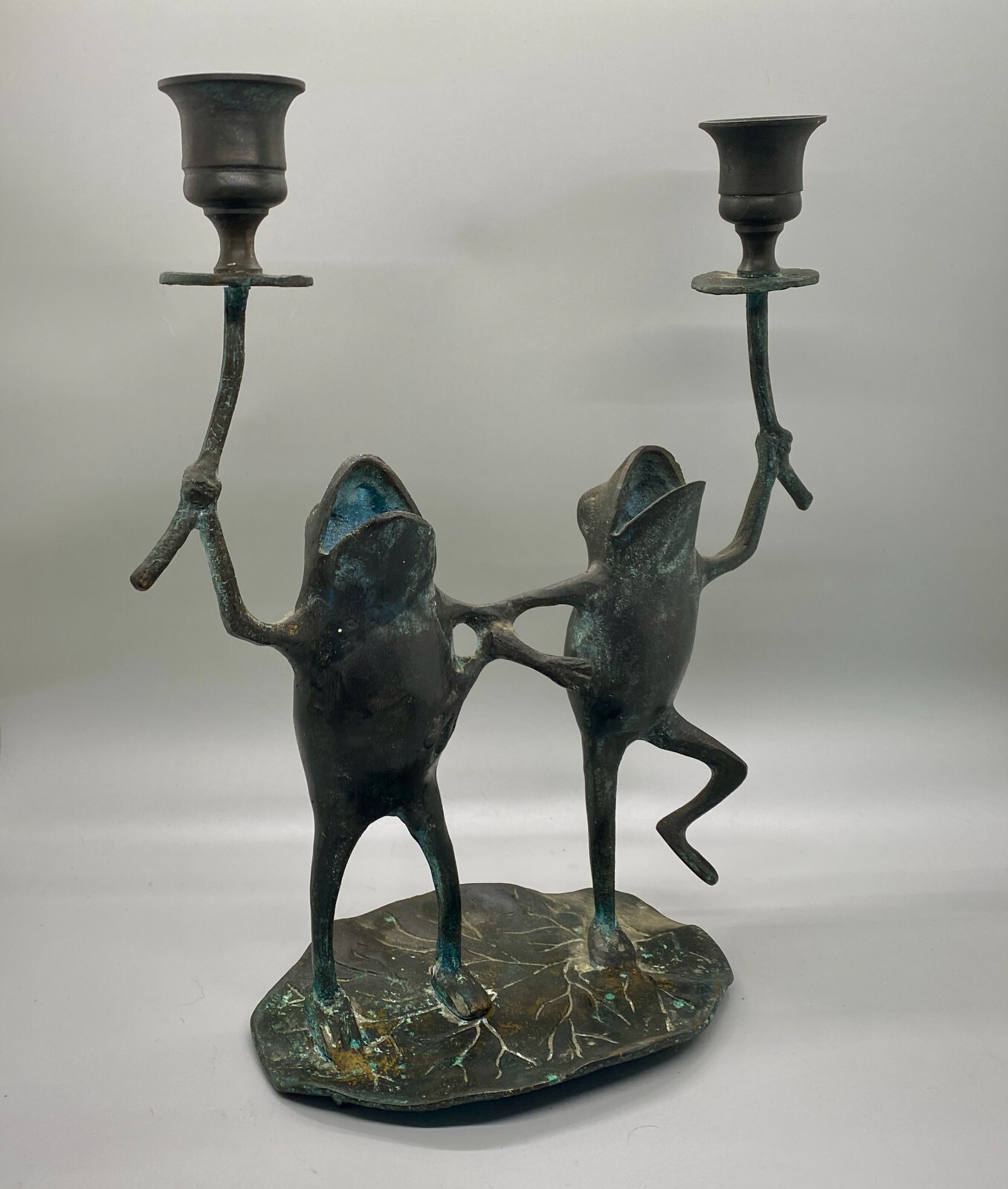Vintage Bronze Verdigris Copper Happy Frogs on Lilypad Taper Candle