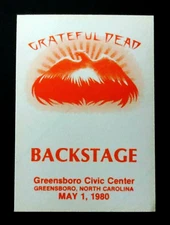 Grateful Dead Backstage Pass North Carolina Greensboro NC 5/1/80 5/1/1980 Mouse