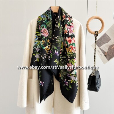 Sallys 75% Cashmere & 25% Silk Stole Flowers Print Double Face Scarf Shawl 53''
