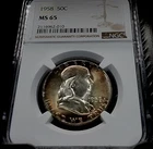 1958 Franklin Half Dollar 50c - NGC MS65 - Stunning OBV/REV Toner  +COLORS+