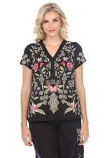 Johnny Was JWLA Dacie Button Neck Embroidered Knit Tee J14824 *