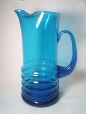 Turquoise Blue Glass Ribbed Base Water or Wine Pitcher 10" Tall Hand Blown