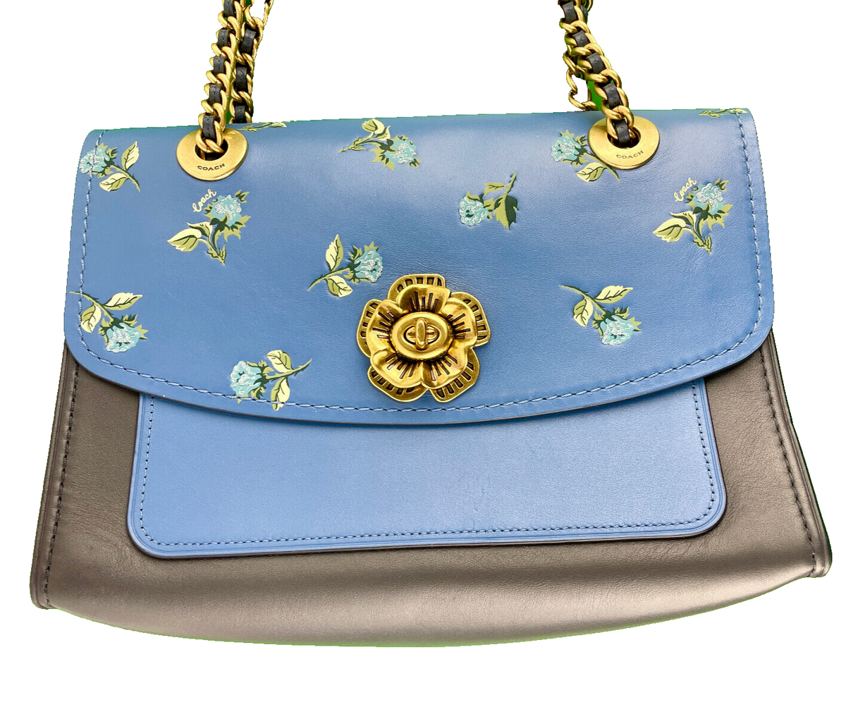 Coach Floral Blue & Black 54939 PARKER Chain Shoulder Bag Signed