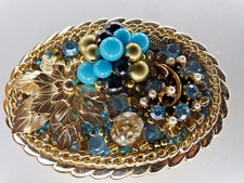 Blue Glass Faux Pearl  Rhinestone Costume Jewelry Belt Buckle Unsigned