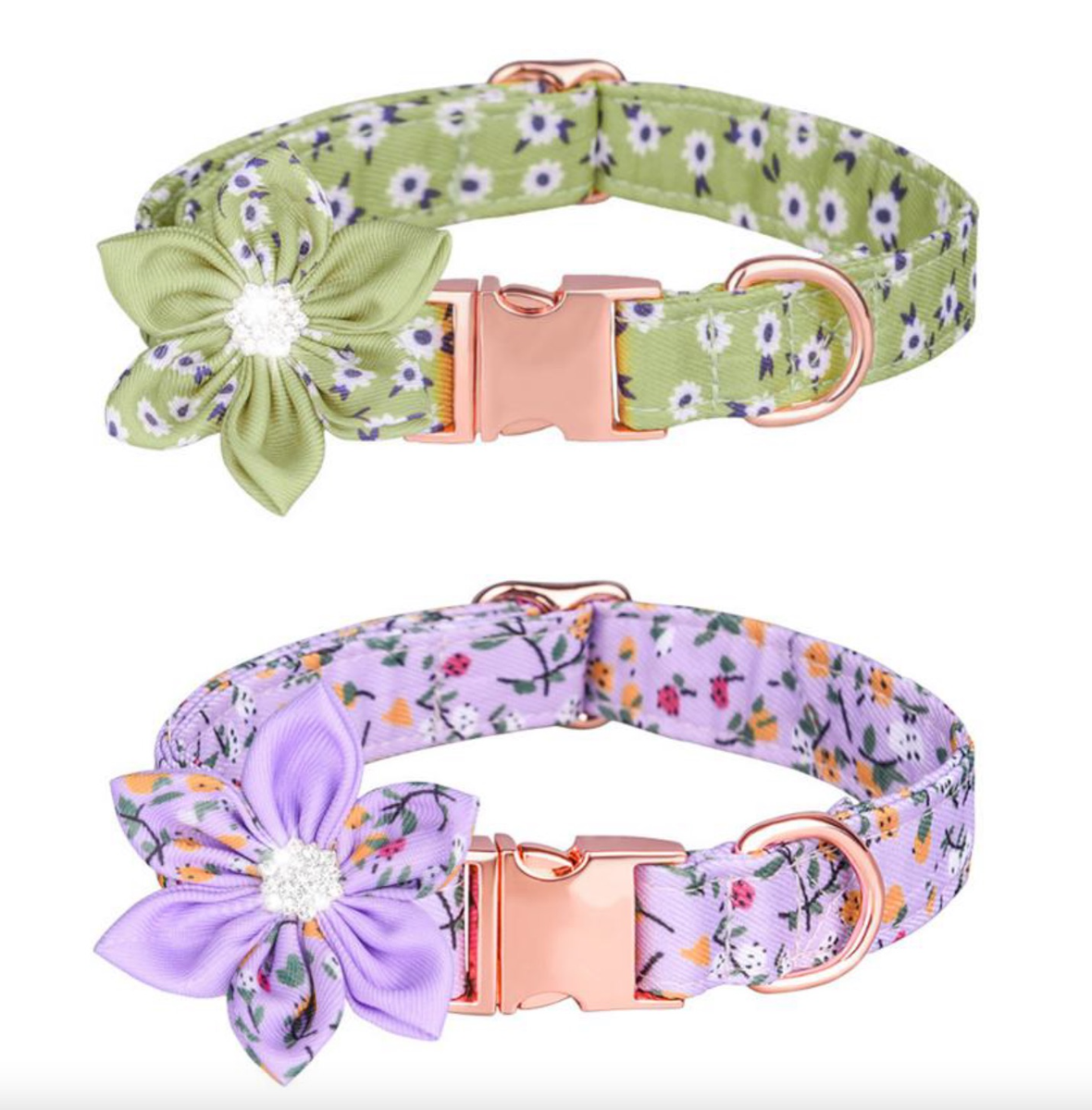 Dog Collar, Purple Flower Rhinestone with Removable Bow Rose Gold