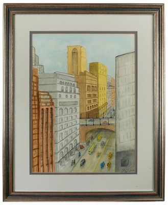 Vintage Watercolor of  42nd St. NYC  by Outsider Artist ''Marie Globig''