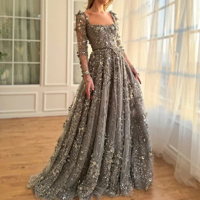 3D Floral Sequin Tulle Evening Gown Square Neck Formal Prom Dresses