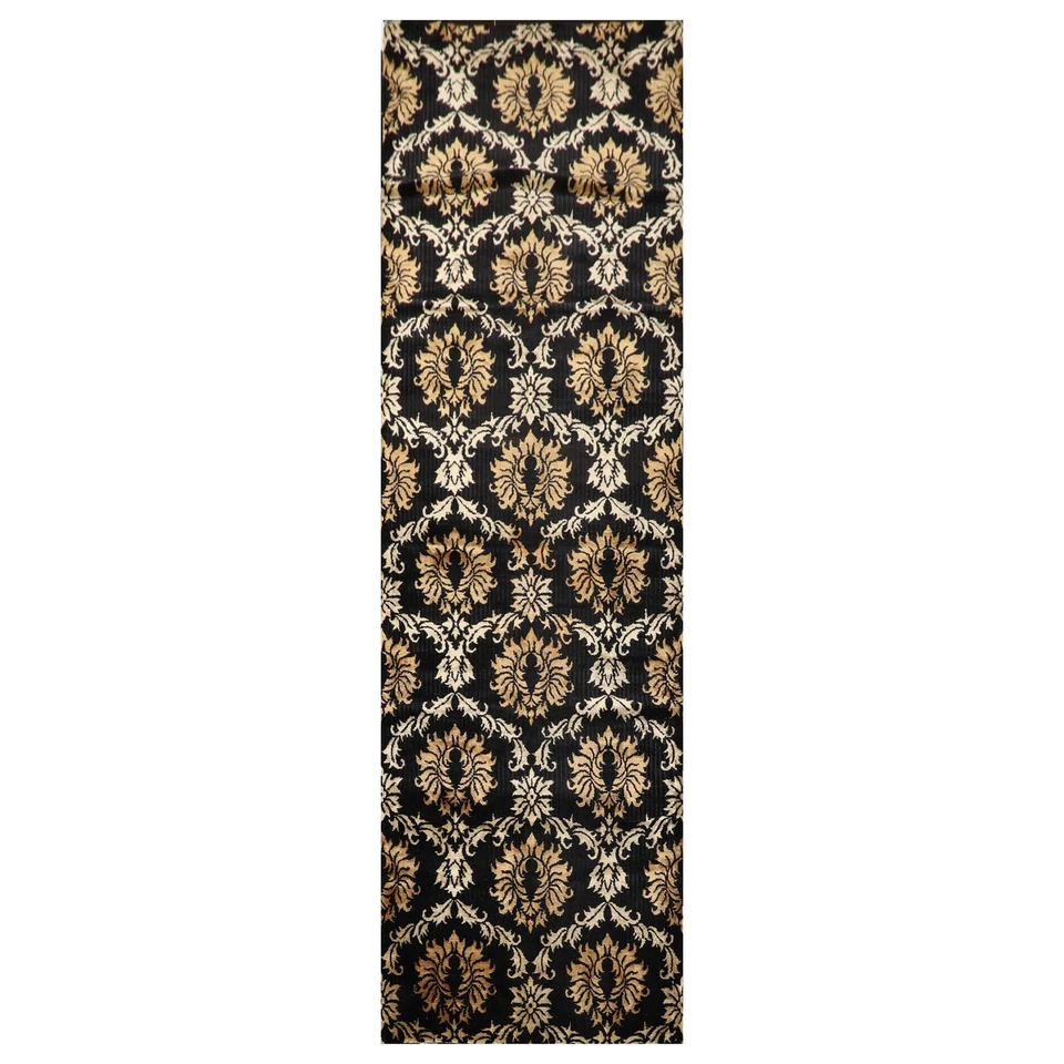 Damask Tibetan Runner Hand Knotted Wool & Silk Area Rug Black 3'11" x 11'9" - Image 2 of 2