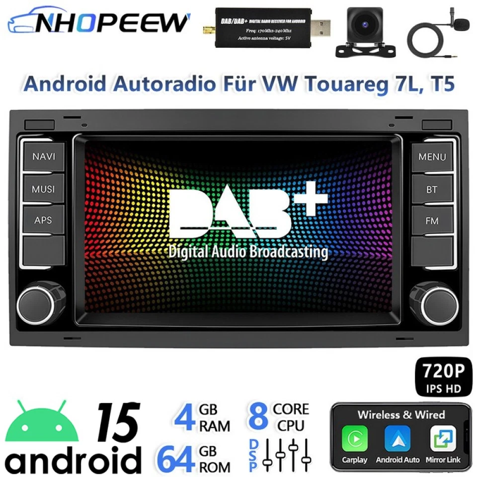 DAB+ 8Core 4+64G Android 15 Radio Carplay Für VW Touareg 7L, T5 Serie GPS Navi - Bild 1 von 4
