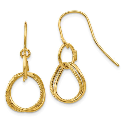 14k Yellow Gold Textured Small Twisted Circle Hook Earrings - 27x12mm -