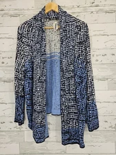 Nic Zoe Asymetrical Sweater Cardigan Gray Black Blue Dot Pattern Womens 1X