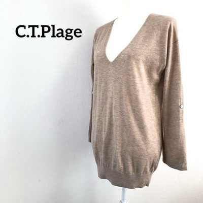 C.T Plage V-Neck Roll-Up Sleeve Thin Wool Long Knit Pullover Size 36