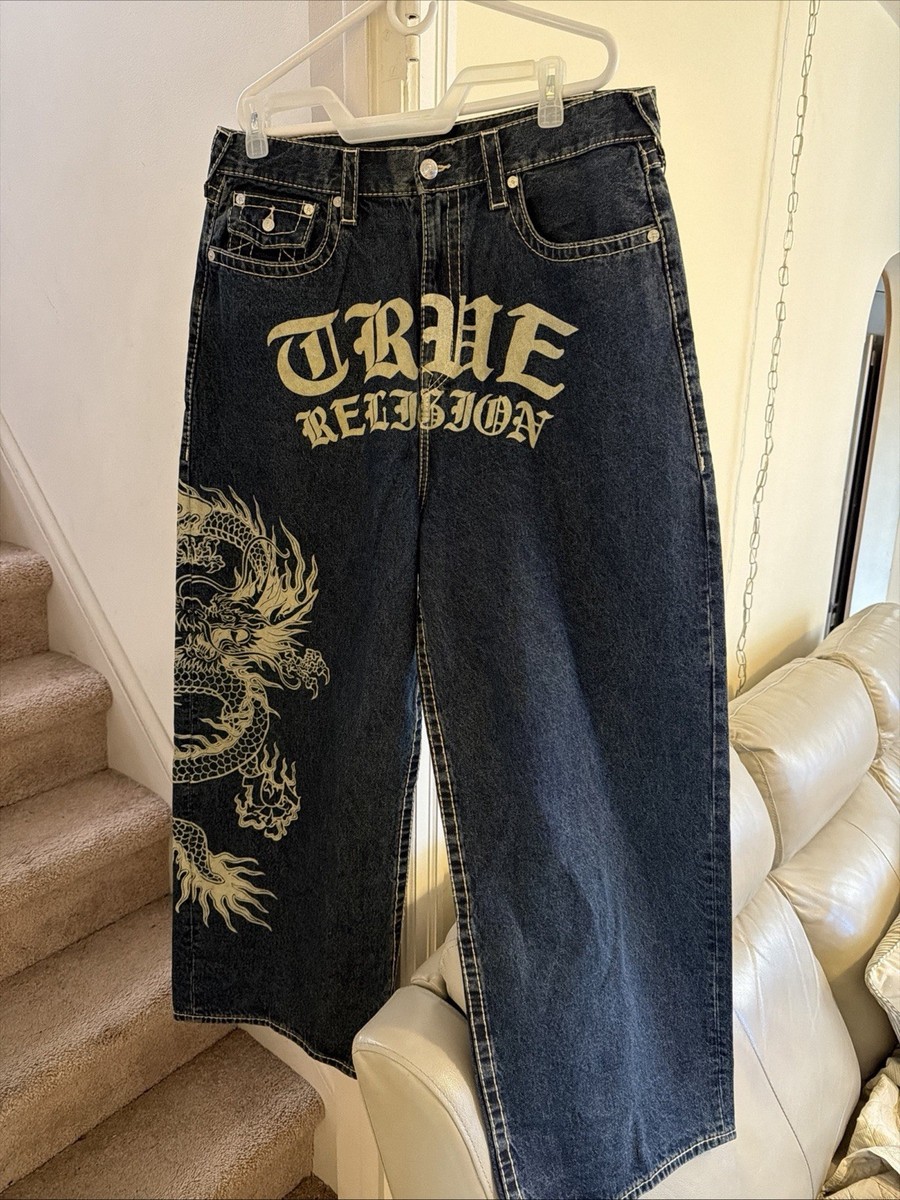 新品　USA製　TRUE RELIGION ダークブルーデニム Mサイズ True Religion Men's Jeans Ricky Flap Super T Pitch Dark White
