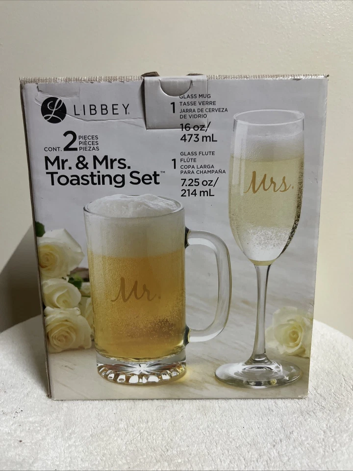Juego de tostadas Libbey Mr. & Mrs. taza de vidrio de 16 oz y flauta de vidrio de 7,25 oz nuevo Foto 2 de 4