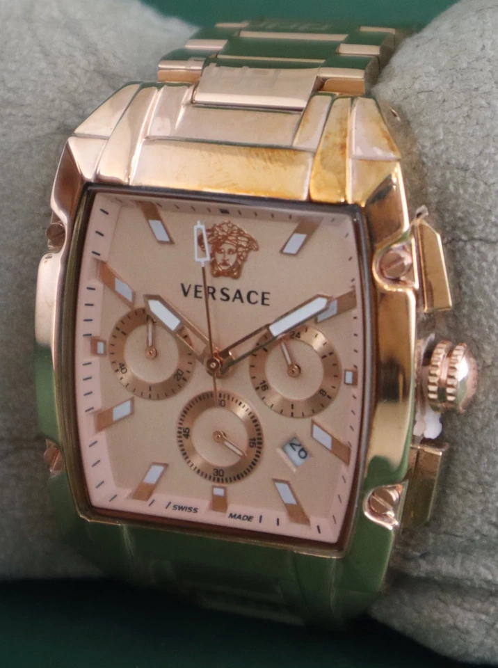 Reloj pulsera Versace de lujo de cuarzo para hombre cronógrafo esfera oro rosa todo funcionando Foto 2 de 4