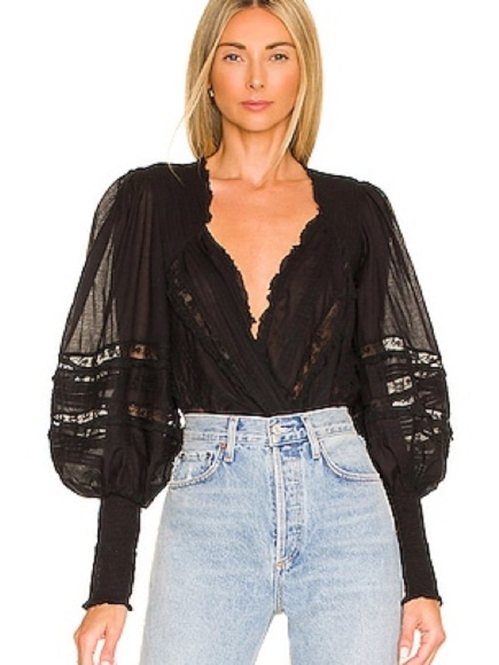 Free People The Eloise Smocked Lace Bodysuit Black Long Sleeve Sz S