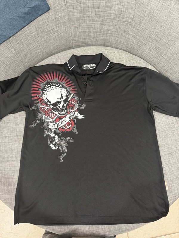 Tattoo Golf Shirt Mens Large Polo Black Red Skull Back Print Performance Stretch